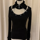 MQTIME  -  Euramerican Turn Down Off The Shoulder Fake Two Piece Harajuku Y2k Front Cross Lace Up Design Spice Girl Shirt Street Clothes