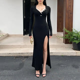 MQTIME  -  Lace Patchwork Ribbed Bodycon Maxi Dress Women Fashion Sexy Buttons V Neck Full Sleeve High Slit Casual Streetwear Long Robe