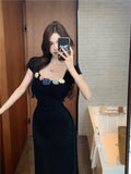 MQTIME  -  Women Mint Mambo Style Short Sleeved Dress Women's Summer Korean Chic Waist Slimming A line Long Dresses