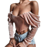 MQTIME  -  Pink Off Shoulder T-shirt Sexy Backless Tube Top Cropped Tops 2024 Fall Women Korean Y2k Indie Vacation Casual Party Clubwear