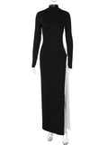 MQTIME  -  Autumn Hollow Out Contrast Long Dress Women's Bandage Slim Long Sleeve Pleated Sexy Fashion Dress Ladies High Waist Dress