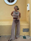 MQTIME  -  Fashion Striped Printed Sleeveless Women Tops Suits Casual O Neck Straight Pants Sets 2024 New Chic Female Office Outfits