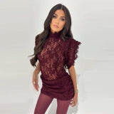  MQTIME  -  Sexy Pleated Bodycon Dress For Women Half High Collar Short Sleeve Spliced Lace Club Party Mini Dresses 2026 Female New