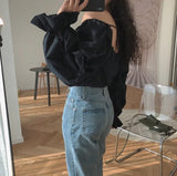 MQTIME  -  Spring Korean Fashion Vintage Solid Square Collar T Shirt Casual French Style Neckline Shoulder Loose Puff Sleeve High Street