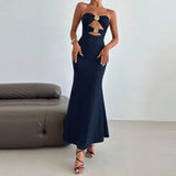MQTIME  -  Trendy Skinny Metal Buckle Hollow Out Party Gown Sexy Strapless Twist Solid Evening Dress Elegant Lady Sleeveless One-piece Robe