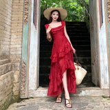 MQTIME  -  Summer Red Embroidery Eyelet Maxi Dress Women Square Neck Ruffle High Low Hem Long Dress Elegant Beach Vacation Sundress