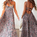 MQTIME  -  Elegant Off Shoulder Hollow Suspenders Dress Women Fashion Floral Print Big Swing Party Dress Sexy Sleeveless Pleated Long Dress