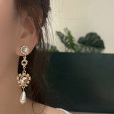 Mqtime Vintage Court Style Pearl Heart Crystal Earrings for Women Temperament Fashion Design Delicate Long Fringe Earrings Jewelry