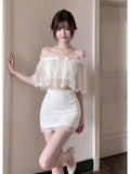 MQTIME  -  French Coquette Sexy 2 Piece Set Women Off Shoulder Lace Crop Top Bow High Waist Bodycon Mini Skirt Slim Fit Dress Elegant Party