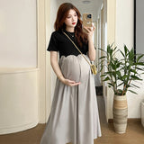 Mqtime 2025 French Style Pregnant Women Elegant Dress Plus Size Long Sleeve O-Neck High Waist Maternity A-Line Dress Long Loose Clothes
