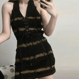 MQTIME  -  Striped dress for women's summer Spicy Girl V-neck tie up high waisted backless denim wrap Dress