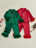 MQTIME  -  Children s Satin Pajama Set with Plush Trim Long Sleeve Button-up Shirt Elastic Waist Pants - 2 Piece Sleepwear Ensemble