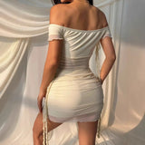 MQTIME  -  Spring Women's Clothing Off Shoulder Sheer Ruffle Wrap Bodycon Dress For Woman Polyester Milk Silk Elegant Party Short Mini