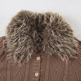 MQTIME  -  Vintage Winter Patchwork Turn Down Collar Long Sleeve Single Breasted Knitted Cardigan