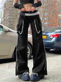  MQTIME  -  Women Chain Cargo Pants Dark Academia Hip Hop Punk Gothic Trousers High Waist Straight Long Pants Streetwear
