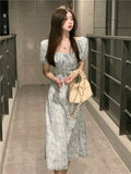 MQTIME  -  Women's Blue Floral Puff Sleeve Midi Dress Sweetheart Tie Front Split Dress
