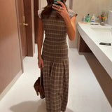 MQTIME  -  Vintage Grid Printed Slim Big Hem Dress Elegant O-neck Women Short Sleeve Party Dress Temperament High Waist Pleated Maxi Dress