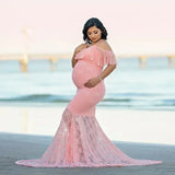  MQTIME  -  Ruffles Lace Maternity Dresses For Photo Shoot Shoulderless Fancy Pregnancy Dress Long Pregnant Women Maxi Gown Photography Prop