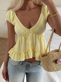 MQTIME  -  Women Summer Vacation Cute Elegant Yellow Frill Ruffle Trim Single Breasted Shirt Blouse Top Ladies Beach Holiday Daily Wear
