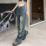 Mqtime Vintage Y2K Distressed Hole All Match Washed Jeans Women  Summer New High Waist Bleached Loose Casual Wide Leg Pants