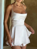 MQTIME  -  Sexy Gloss Satin Tie Back Cowl Neck Mini Party Dress Wrap Lace-up Open Back Flowy Double Layer Robe Bar Night Event Vestido