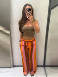  MQTIME  -  Color Vertical Stripe Women Wide Leg Pants Elastic Drawstring Waist Bead Pendant Lightweight Sheer Loose Full Length Casual Pant