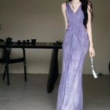 MQTIME  -  Chinese Style Purple Linen Blend Midi Slip Dress Women V Neck Sleeveless Front Twist Ruched Summer Slim Bag Hip Flowy Long Dress