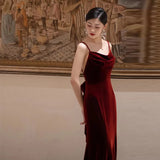 MQTIME  -  Simple Burgundy Velour Spaghetti Strap Long Wedding Dresses Women Sexy Backless Prom Party Gowns Toast Clothing