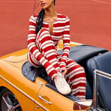  MQTIME  -  Fashion Striped Knitted Two-Piece Set For Women Round Neck Cardigan Top High Waist Straight-Leg Pants Casual Set 2026