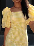 MQTIME  -  Summer Square Collar Evening Dress Elegant Lady Slim Wrap Hips Dress 2025 New Fashion Checkered Printed Puff Sleeve Short Dress