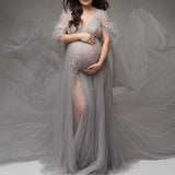 MQTIME  -  Silver Grey Studded Sequin Tulle Maternity Photo Shoot Dress for Baby shower V-neck Pregnant Women Gown with Feather Tassel