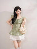  MQTIME  -  Vintage Japanese Square Collar Short Sleeve Solid Lace Patchwork Bow Women Blouse