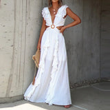 MQTIME  -  Elegant Ruffles Stitching Solid Color Party Dress Summer 2025 V-Neck Party Dress Ladies Chic Circle Waist Hollow Evening Dress