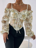 MQTIME  -  Floral Print Lace Trim Cold Shoulder Corset Top with Long Sleeves - Stylish Clubwear for Women s Street Style Fashion