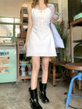 MQTIME  -  Summer White Belted  Knot Strap Dr Women's A-Line  Skirt Slimming Effect Korean Sle Commute