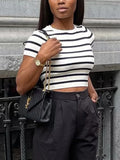 MQTIME  -  Vintage Women Striped Short Tshirts Fashion Ladies Slim Knitted Crop Tops for Womens Casual Tees Female Clothes Chic