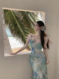 MQTIME  -  French tie dyed flower suspender chiffon dress for women's summer vacation dress backless fishtail dress