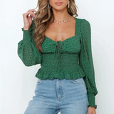 MQTIME  -  Women Summer Cottagecore Floral Print Blouse Shirt Indie Lace Up Tops Blouses Woman Long Sleeve Shirts Flower Green Tops 2024