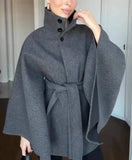 MQTIME  -  Solid Stand Collar Cape Coats Women Casual Batwing Sleeves Button Front Belted Waist Loose Poncho Outerwear Lady Daily Wear New