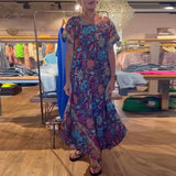 MQTIME  -  Women Summer Crew Neck Office Dress New Bohemian Loose Printed Pullover Dress Lady Elegant Short Sleeve Retro Maxi Dress 2024