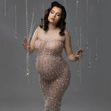 MQTIME  -  Rhinestone Bandeau Maternity Dress For Photo Shooting See Through Pregnant Woman Photography Outfit