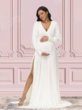  MQTIME  -  Maternity Photography Dresses Baby Shower Maxi Gown Lantern Sleeve V Neck Pregnancy Wrap Side Split Robe