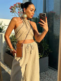MQTIME  -  Casual Halter Tank Top Pants Set Women Sexy Sleveless Backless Cropped Top Drawstring Wide Leg Trouser 2024 Summer Women's Suit