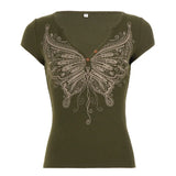  MQTIME  -  Streetwear Casual Butterfly Print V Neck Short Sleeve Slim Knitted All Match T-shirts