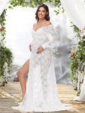  MQTIME  -  Maternity Dress Soft Stretchy Lace Off Shoulder Doubly Split A line Skirt Pregnancy Maxi Gown for Photoshoot