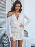 MQTIME  -  Sexy Dress Women Bandages Backless Full Sleeve Hollow Rivet Diagonal Collar Midnight Party Club Stretch Bodycon
