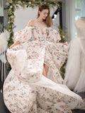 MQTIME  -  Sexy Off-shoulder Puff Sleeve Wedding Dress Women Floral And Butterfly Print Long Tailing Party Dress Toast Clothing