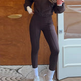  MQTIME  -  Solid High Neck Coat Slim Pants Set Women New Cropped Jacket High Waist Pants Suit Female Spring Winter Warm Chic Outwear Sets