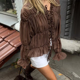 MQTIME  -  Wrinkled Perspective Shirt Women Spring Summer New Solid Pleated Ruffled Tie-Up Shirt Female Commuting Fashion Top