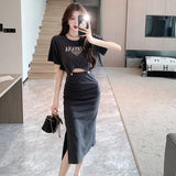 MQTIME  -  2024 Summer New Celebrity Luxury Short sleeved T-shirt Slimming High Waist Wrapped Hip Dress Fashion Two Piece Set for Women